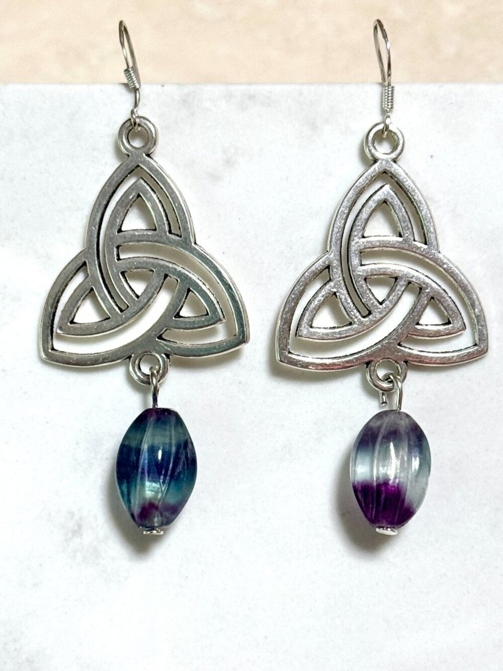 2/$20, Rainbow Fluorite Triqueta Earrings, Gemstone & Sterling Silver Hooks